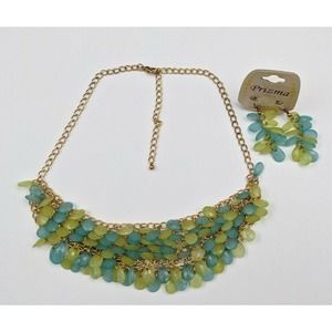 Prizma Necklace Earring Set Blue Green Fringe Gold Tone Faceted Acrylic NWT